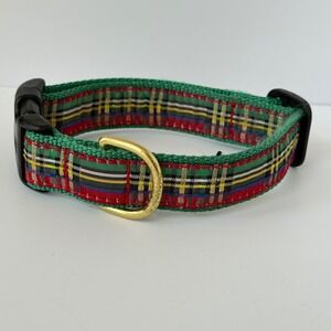 Up Country Dog Collar‎ Medium Green Red Tartan Plaid Adjustable Brass Hardware